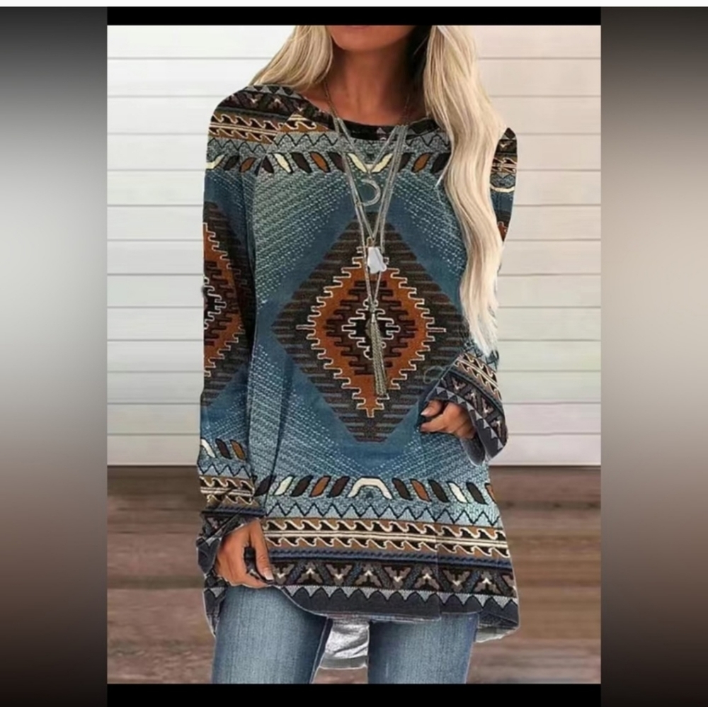 Aztec Print Raglan Sleeve Tunic XL
